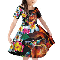 Hawaiian Lei Day Family Matching Off Shoulder Short Dress and Hawaiian Shirt Colorful Plumeria and Volcanic Turtle with Abstract Lava Texture LT03 Daughter's Dress Black - Polynesian Pride