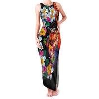 Hawaiian Lei Day Family Matching Tank Maxi Dress and Hawaiian Shirt Colorful Plumeria and Volcanic Turtle with Abstract Lava Texture LT03 Mom's Dress Black - Polynesian Pride