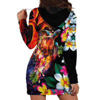 Hawaiian Lei Day Hoodie Dress Colorful Plumeria and Volcanic Turtle with Abstract Lava Texture LT03 - Polynesian Pride