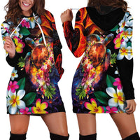 Hawaiian Lei Day Hoodie Dress Colorful Plumeria and Volcanic Turtle with Abstract Lava Texture LT03 - Polynesian Pride