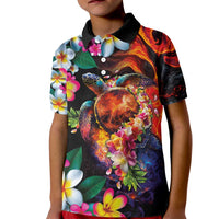 Hawaiian Lei Day Kid Polo Shirt Colorful Plumeria and Volcanic Turtle with Abstract Lava Texture LT03 Kid Black - Polynesian Pride