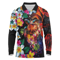 Hawaiian Lei Day Long Sleeve Polo Shirt Colorful Plumeria and Volcanic Turtle with Abstract Lava Texture LT03 Black - Polynesian Pride
