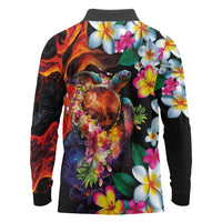 Hawaiian Lei Day Long Sleeve Polo Shirt Colorful Plumeria and Volcanic Turtle with Abstract Lava Texture LT03 - Polynesian Pride
