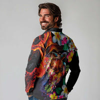 Hawaiian Lei Day Long Sleeve Polo Shirt Colorful Plumeria and Volcanic Turtle with Abstract Lava Texture LT03 - Polynesian Pride