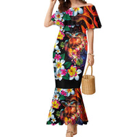 Hawaiian Lei Day Mermaid Dress Colorful Plumeria and Volcanic Turtle with Abstract Lava Texture LT03 Women Black - Polynesian Pride