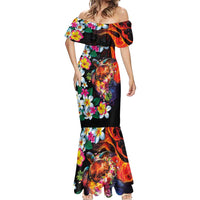 Hawaiian Lei Day Mermaid Dress Colorful Plumeria and Volcanic Turtle with Abstract Lava Texture LT03 - Polynesian Pride
