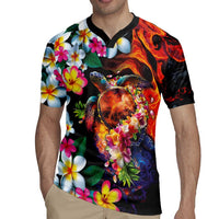 Hawaiian Lei Day Rugby Jersey Colorful Plumeria and Volcanic Turtle with Abstract Lava Texture LT03 - Polynesian Pride