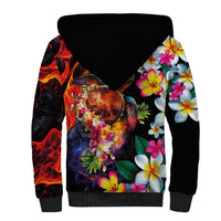 Hawaiian Lei Day Sherpa Hoodie Colorful Plumeria and Volcanic Turtle with Abstract Lava Texture LT03 - Polynesian Pride