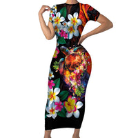 Hawaiian Lei Day Short Sleeve Bodycon Dress Colorful Plumeria and Volcanic Turtle with Abstract Lava Texture LT03 Long Dress Black - Polynesian Pride