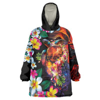 Hawaiian Lei Day Wearable Blanket Hoodie Colorful Plumeria and Volcanic Turtle with Abstract Lava Texture LT03 One Size Black - Polynesian Pride