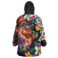 Hawaiian Lei Day Wearable Blanket Hoodie Colorful Plumeria and Volcanic Turtle with Abstract Lava Texture LT03 - Polynesian Pride