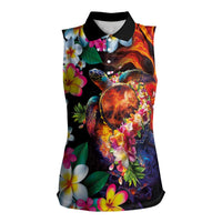 Hawaiian Lei Day Women Sleeveless Polo Shirt Colorful Plumeria and Volcanic Turtle with Abstract Lava Texture LT03 Female Black - Polynesian Pride
