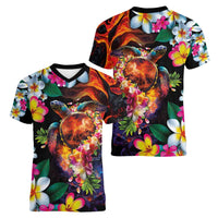 Hawaiian Lei Day Women V-Neck T-Shirt Colorful Plumeria and Volcanic Turtle with Abstract Lava Texture LT03 - Polynesian Pride