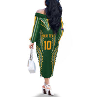 Custom Cook Islands Rugby League Family Matching Off The Shoulder Long Sleeve Dress and Hawaiian Shirt Tatau Tribal Pattern-Special Edition Green Color
