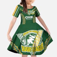 Custom Cook Islands Rugby League Family Matching Off Shoulder Maxi Dress and Hawaiian Shirt Tatau Tribal Pattern-Special Edition Green Color LT03 Daughter's Dress Green-Yellow - Polynesian Pride
