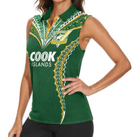 Custom Cook Islands Rugby League Women Sleeveless Polo Shirt Tatau Tribal Pattern-Special Edition Green Color LT03 - Polynesian Pride