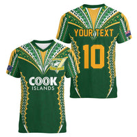 Custom Cook Islands Rugby League Women V-Neck T-Shirt Tatau Tribal Pattern-Special Edition Green Color LT03 - Polynesian Pride