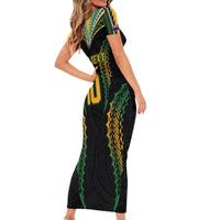 Custom Cook Islands Rugby League Short Sleeve Bodycon Dress Tatau Tribal Pattern-Special Edition Black Color LT03 - Polynesian Pride
