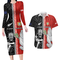 Custom Tonga and New Zealand Rugby Couples Matching Long Sleeve Bodycon Dress and Hawaiian Shirt Maori Mix Ngatu Pattern LT03 Black - Polynesian Pride