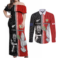 Custom Tonga and New Zealand Rugby Couples Matching Off Shoulder Maxi Dress and Long Sleeve Button Shirt Maori Mix Ngatu Pattern LT03 Black - Polynesian Pride