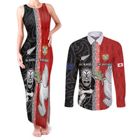 Custom Tonga and New Zealand Rugby Couples Matching Tank Maxi Dress and Long Sleeve Button Shirt Maori Mix Ngatu Pattern LT03 Black - Polynesian Pride