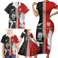 Custom Tonga and New Zealand Rugby Family Matching Short Sleeve Bodycon Dress and Hawaiian Shirt Maori Mix Ngatu Pattern LT03 - Polynesian Pride