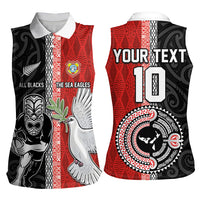 Custom Tonga and New Zealand Rugby Women Sleeveless Polo Shirt Maori Mix Ngatu Pattern LT03 - Polynesian Pride