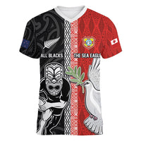 Custom Tonga and New Zealand Rugby Women V-Neck T-Shirt Maori Mix Ngatu Pattern LT03 Female Black - Polynesian Pride