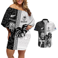 Custom Fiji and New Zealand Rugby Couples Matching Off Shoulder Short Dress and Hawaiian Shirt Tapa Mix Maori Pattern LT03 Black - Polynesian Pride