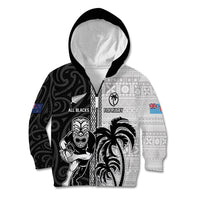 Custom Fiji and New Zealand Rugby Kid Hoodie Tapa Mix Maori Pattern LT03 Zip Hoodie Black - Polynesian Pride