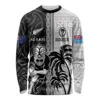 Custom Fiji and New Zealand Rugby Long Sleeve Shirt Tapa Mix Maori Pattern LT03 Unisex Black - Polynesian Pride
