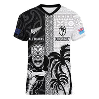Custom Fiji and New Zealand Rugby Women V-Neck T-Shirt Tapa Mix Maori Pattern LT03 Female Black - Polynesian Pride
