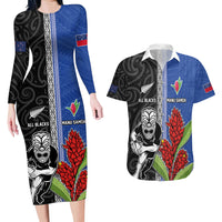 Custom Samoa and New Zealand Rugby Couples Matching Long Sleeve Bodycon Dress and Hawaiian Shirt Teuila Samoan and Maori Warrior LT03 Black - Polynesian Pride