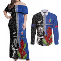 Custom Samoa and New Zealand Rugby Couples Matching Off Shoulder Maxi Dress and Long Sleeve Button Shirt Teuila Samoan and Maori Warrior LT03 Black - Polynesian Pride
