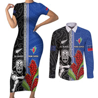 Custom Samoa and New Zealand Rugby Couples Matching Short Sleeve Bodycon Dress and Long Sleeve Button Shirt Teuila Samoan and Maori Warrior LT03 Black - Polynesian Pride