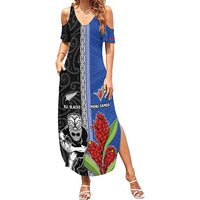 Custom Samoa and New Zealand Rugby Summer Maxi Dress Teuila Samoan and Maori Warrior LT03 Women Black - Polynesian Pride