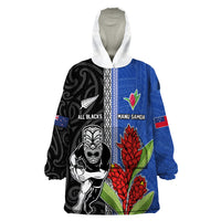 Custom Samoa and New Zealand Rugby Wearable Blanket Hoodie Teuila Samoan and Maori Warrior LT03 One Size Black - Polynesian Pride