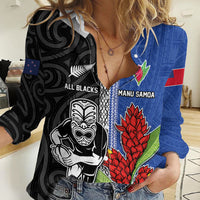 Custom Samoa and New Zealand Rugby Women Casual Shirt Teuila Samoan and Maori Warrior LT03 Female Black - Polynesian Pride