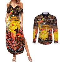 Personalized Australia and Papua New Guinea Together Couples Matching Summer Maxi Dress and Long Sleeve Button Shirt Kangaroo Aboriginal Art and Bird-of-paradise Oro Tribal Motifs - Polynesian Pride