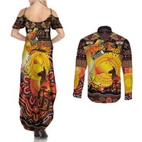 Personalized Australia and Papua New Guinea Together Couples Matching Summer Maxi Dress and Long Sleeve Button Shirt Kangaroo Aboriginal Art and Bird-of-paradise Oro Tribal Motifs - Polynesian Pride