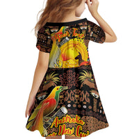 Personalized Australia and Papua New Guinea Together Kid Short Sleeve Dress Kangaroo Aboriginal Art and Bird-of-paradise Oro Tribal Motifs LT03 - Polynesian Pride