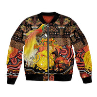 Personalized Australia and Papua New Guinea Together Sleeve Zip Bomber Jacket Kangaroo Aboriginal Art and Bird-of-paradise Oro Tribal Motifs LT03 Unisex Black - Polynesian Pride