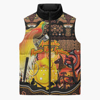 Personalized Australia and Papua New Guinea Together Sleeveless Puffer Jacket Kangaroo Aboriginal Art and Bird-of-paradise Oro Tribal Motifs LT03 Unisex Black - Polynesian Pride