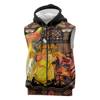 Personalized Australia and Papua New Guinea Together Sleeveless Zip Hoodie Kangaroo Aboriginal Art and Bird-of-paradise Oro Tribal Motifs LT03 Black - Polynesian Pride