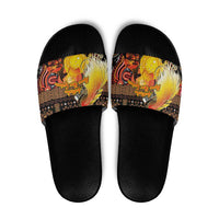 Australia and Papua New Guinea Together Slide Sandals Kangaroo Aboriginal Art and Bird-of-paradise Oro Tribal Motifs LT03 Black - Polynesian Pride