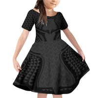 Hawaiian Kakau Art Tattoos Aquaman Style Family Matching Off Shoulder Short Dress and Hawaiian Shirt Black Version LT03 Daughter's Dress Black - Polynesian Pride
