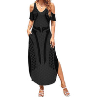 Hawaiian Kakau Art Tattoos Aquaman Style Family Matching Summer Maxi Dress and Hawaiian Shirt Black Version LT03 Mom's Dress Black - Polynesian Pride
