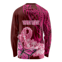 Custom Polynesia Breast Cancer Long Sleeve Shirt Butterfly and Flowers Ribbon Maori Tattoo Ethnic Red Style LT03 - Polynesian Pride