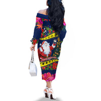 Cook Island Christmas Family Matching Off Shoulder Long Sleeve Dress and Hawaiian Shirt Santa Claus Mix Maroro and Kakaia Hibiscus Flower Maori Pattern LT03 - Polynesian Pride