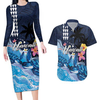 Hawaiian Honu Honi Ihu Couples Matching Long Sleeve Bodycon Dress and Hawaiian Shirt With Plumeria and Kakau Art Pattern LT03 Dark Blue - Polynesian Pride